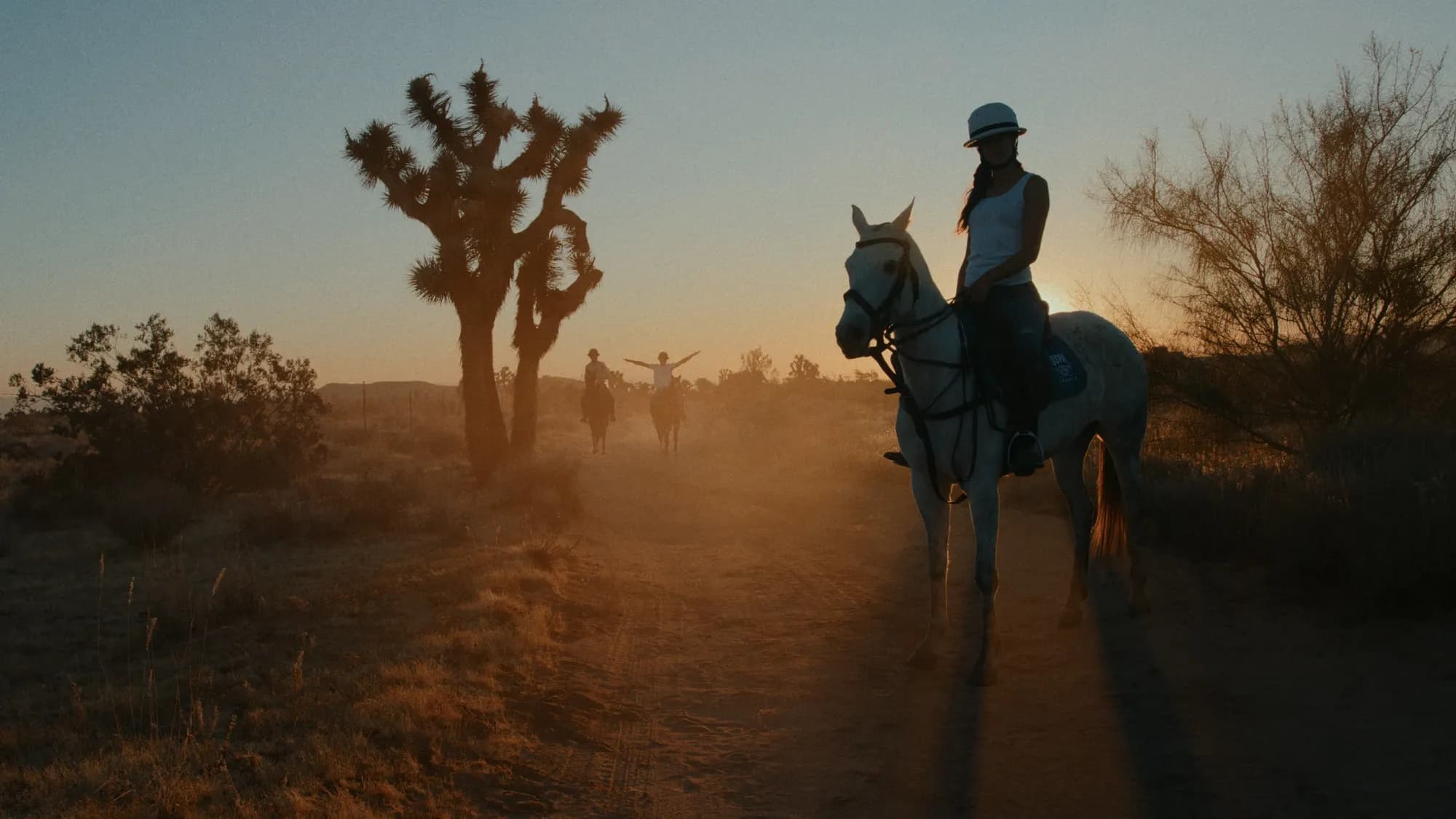 A rider in a white cap on a grey horse walks up a dirt track at sunset, two more riders far behind, a Joshua tree in silhouette against a hazy orange sky, dust hanging in the backlight.