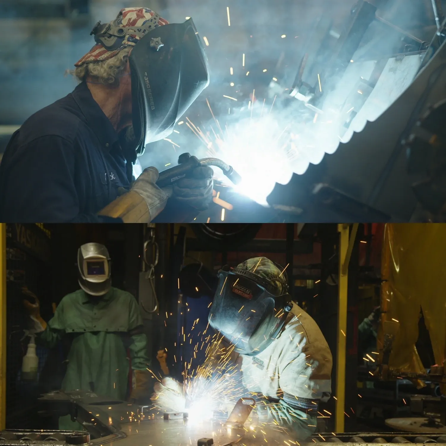 Two stacked frames. Above, a welder in a flag-print cap and dark visor welds a metal panel in a burst of white sparks. Below, a welder bends over a workbench in a shower of orange sparks while a second worker in green looks on.